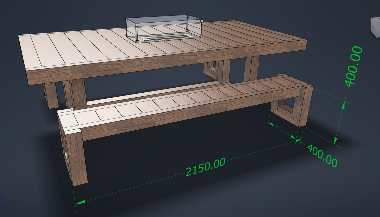 8ft x 4ft Solid wood dining table with matching benches and central firepit