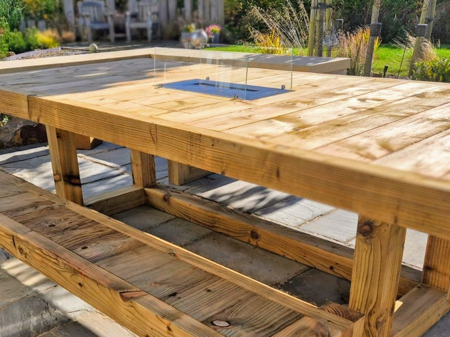 8ft x 4ft Solid wood dining table with matching benches and central firepit