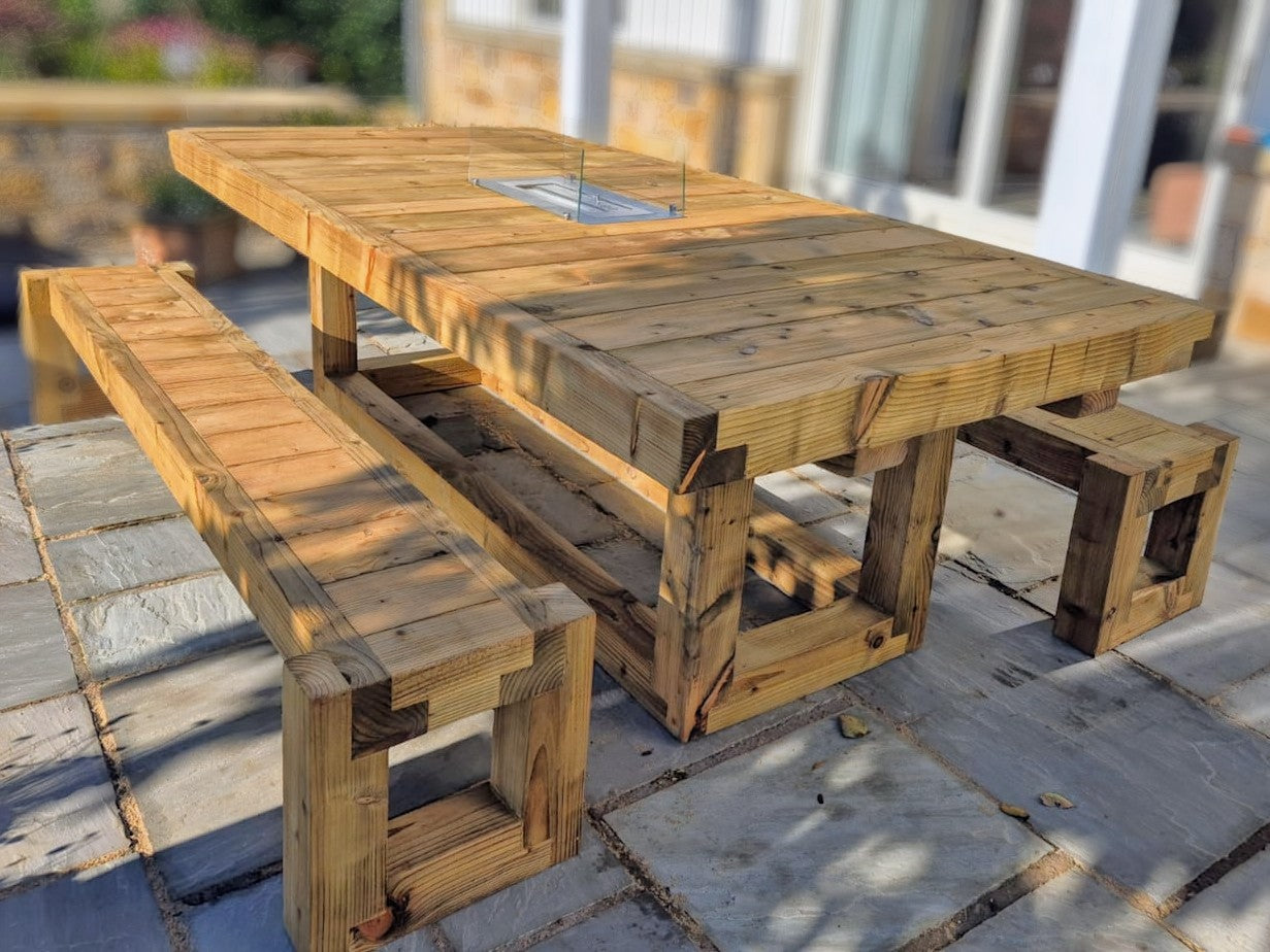 8ft x 4ft Solid wood dining table with matching benches and central firepit