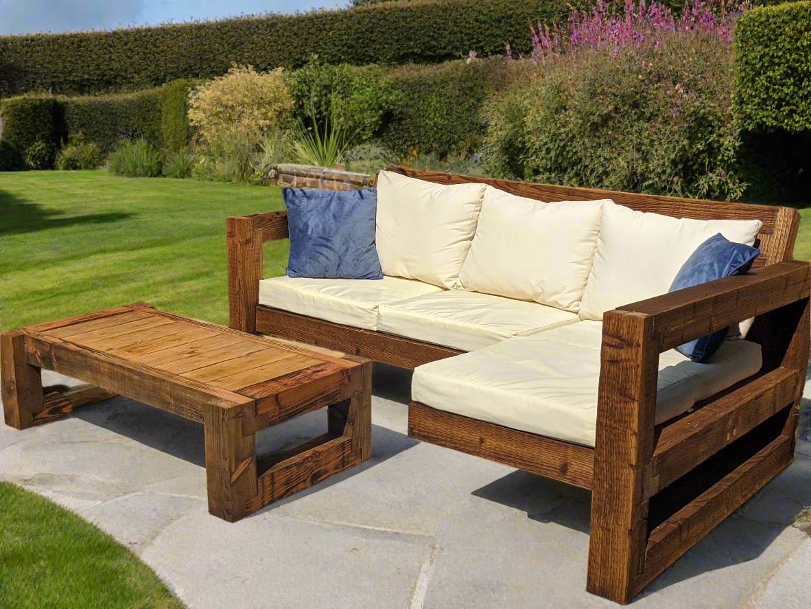 Solid Wood Garden Sofa 3 seat with foot rest & table