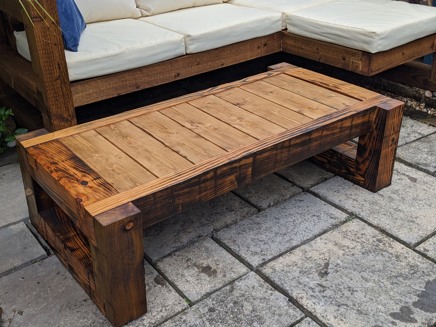 Solid Wood Garden Sofa 3 seat with foot rest & table