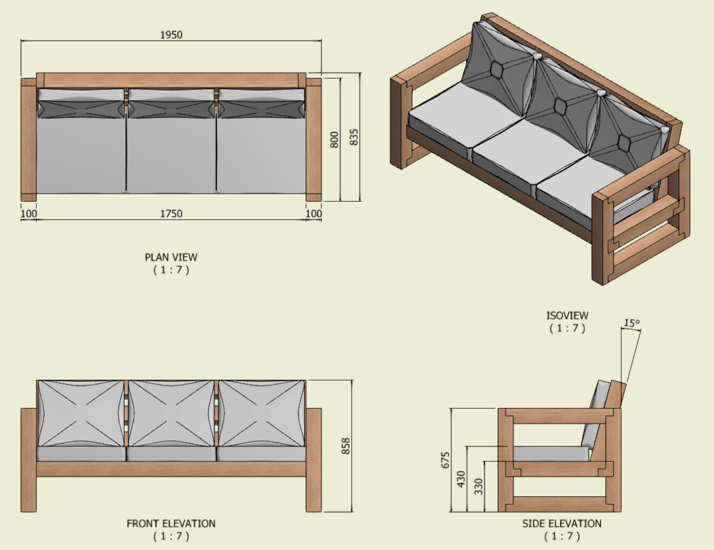 Solid Wood Garden Sofa 3 seat