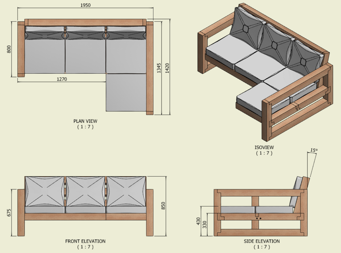 Solid Wood Garden Sofa 3 seat with foot rest & table