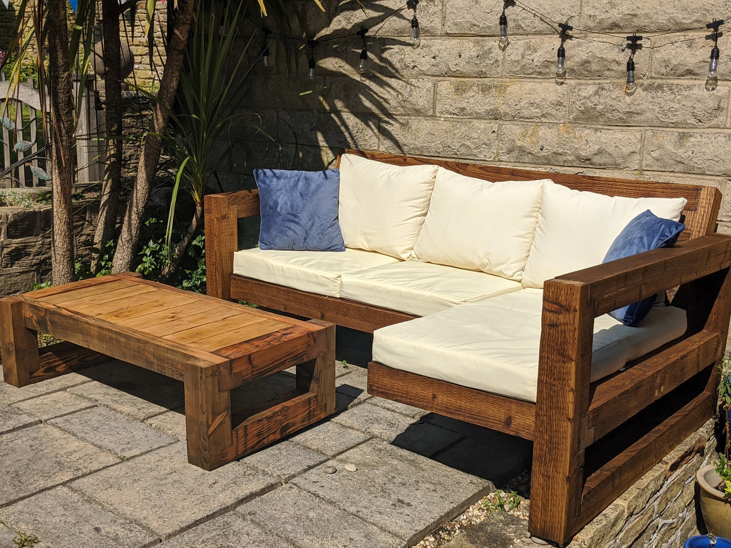 Solid Wood Garden Sofa 3 seat with foot rest & table