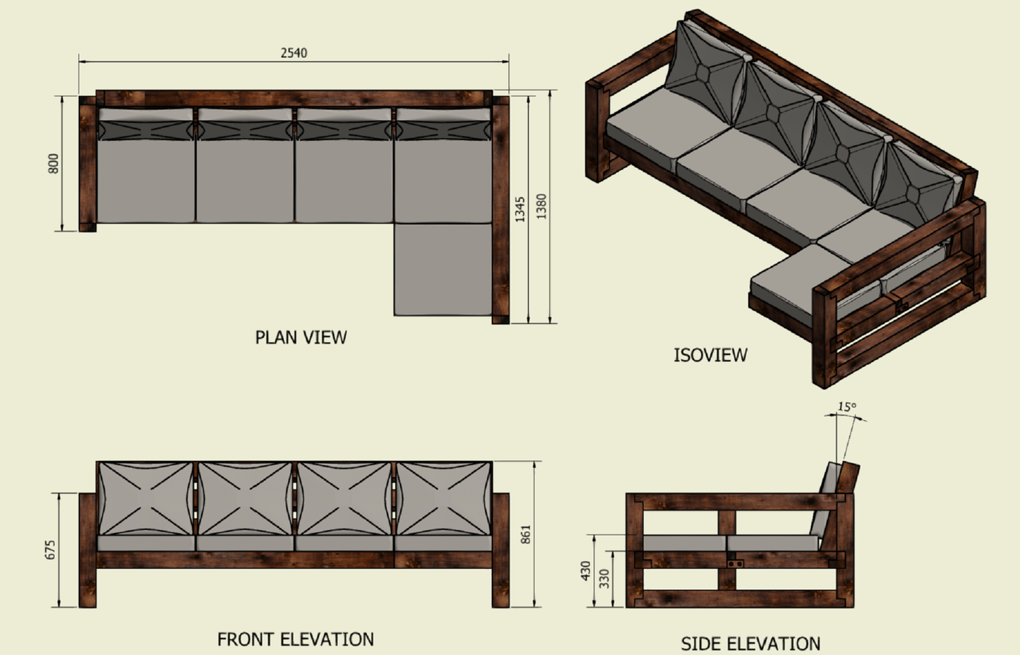 Solid Wood Garden Sofa 4 seat with leg rest