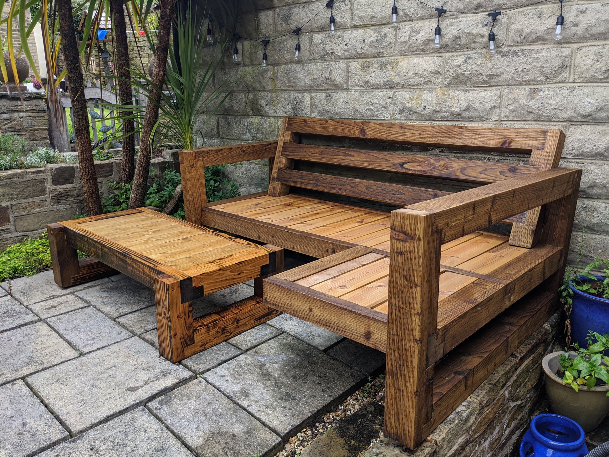 Solid Wood Garden Sofa seat with foot rest table – CarsonsLtd