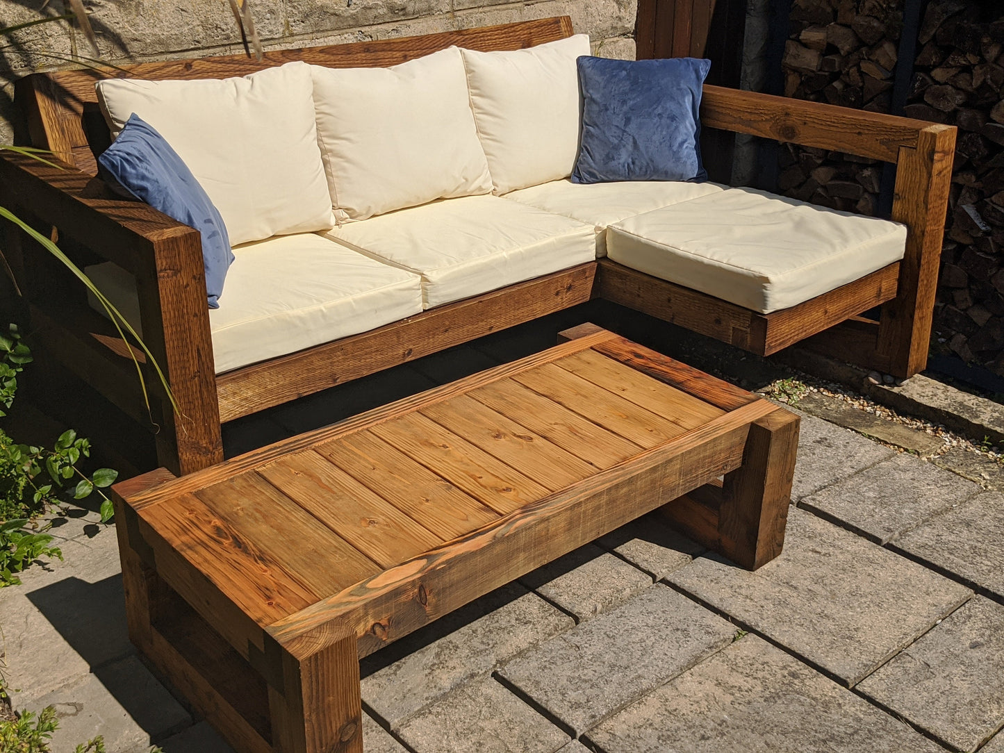 Solid Wood Garden Sofa 3 seat with foot rest & table